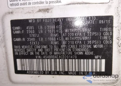 2012 Subaru Outback 2.5I z USA, uszkodzony, nr VIN 4S4BRBAC8C3201470